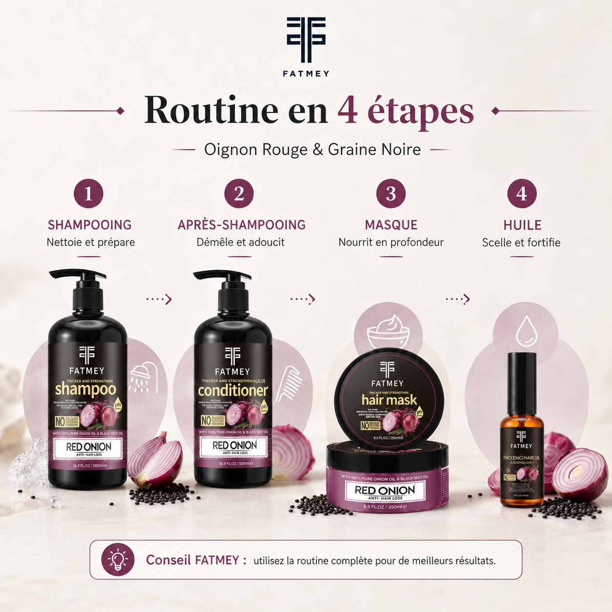 Routine FATMEY Oignon Rouge & Graine Noire en 4 étapes
