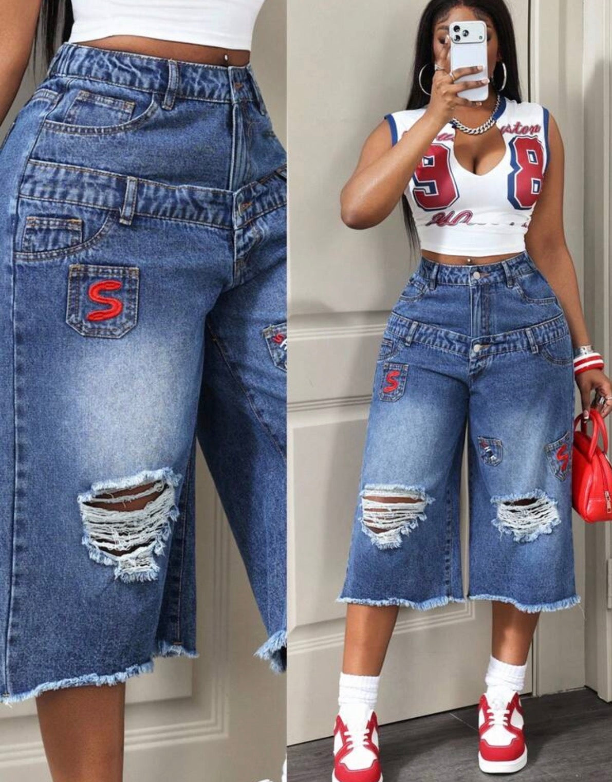 Jean bermuda femme en denim bleu coupe large avec détails déchirés