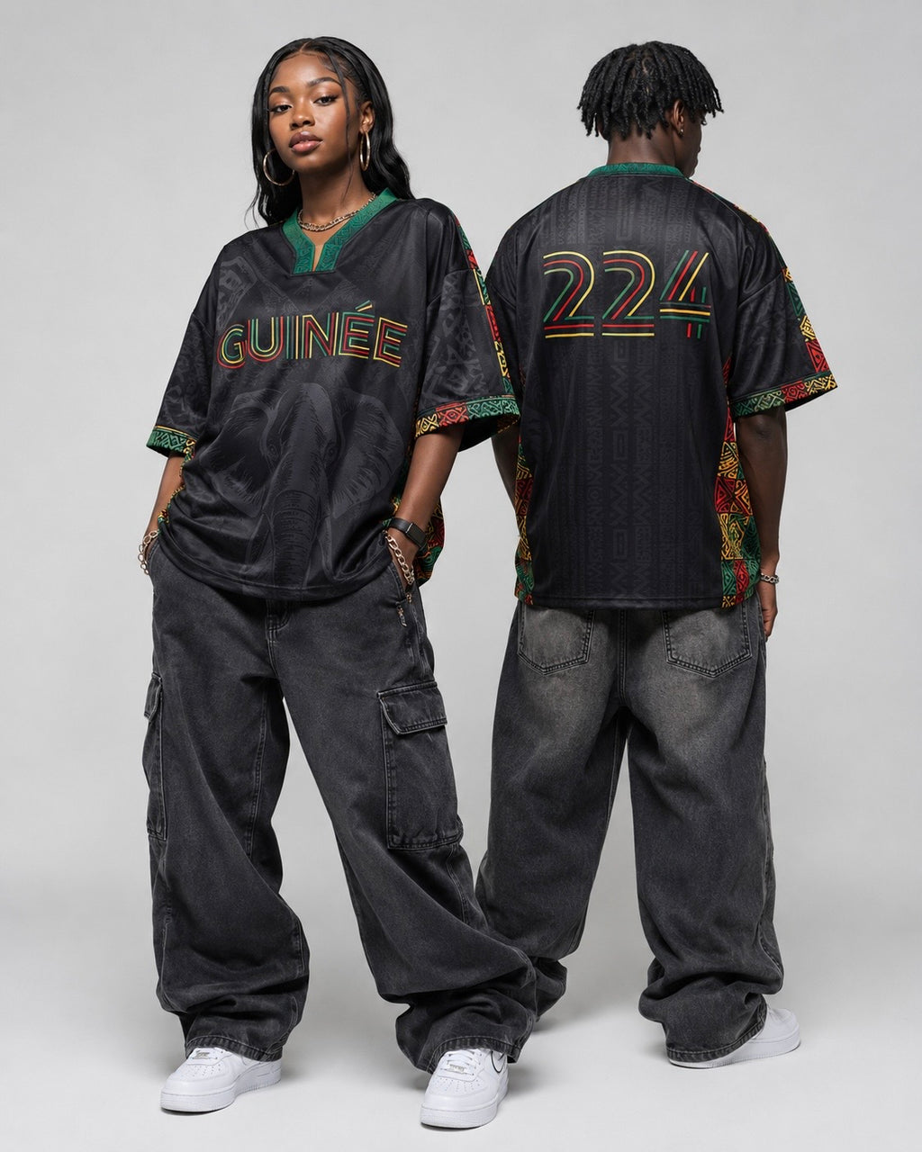 Maillot Guinée 224 noir porté par deux modèles, vue avant et dos