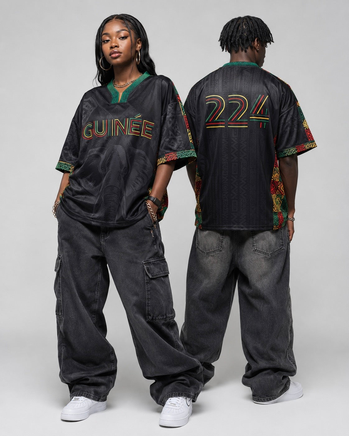 Maillot Guinée 224 noir porté par deux modèles, vue avant et dos