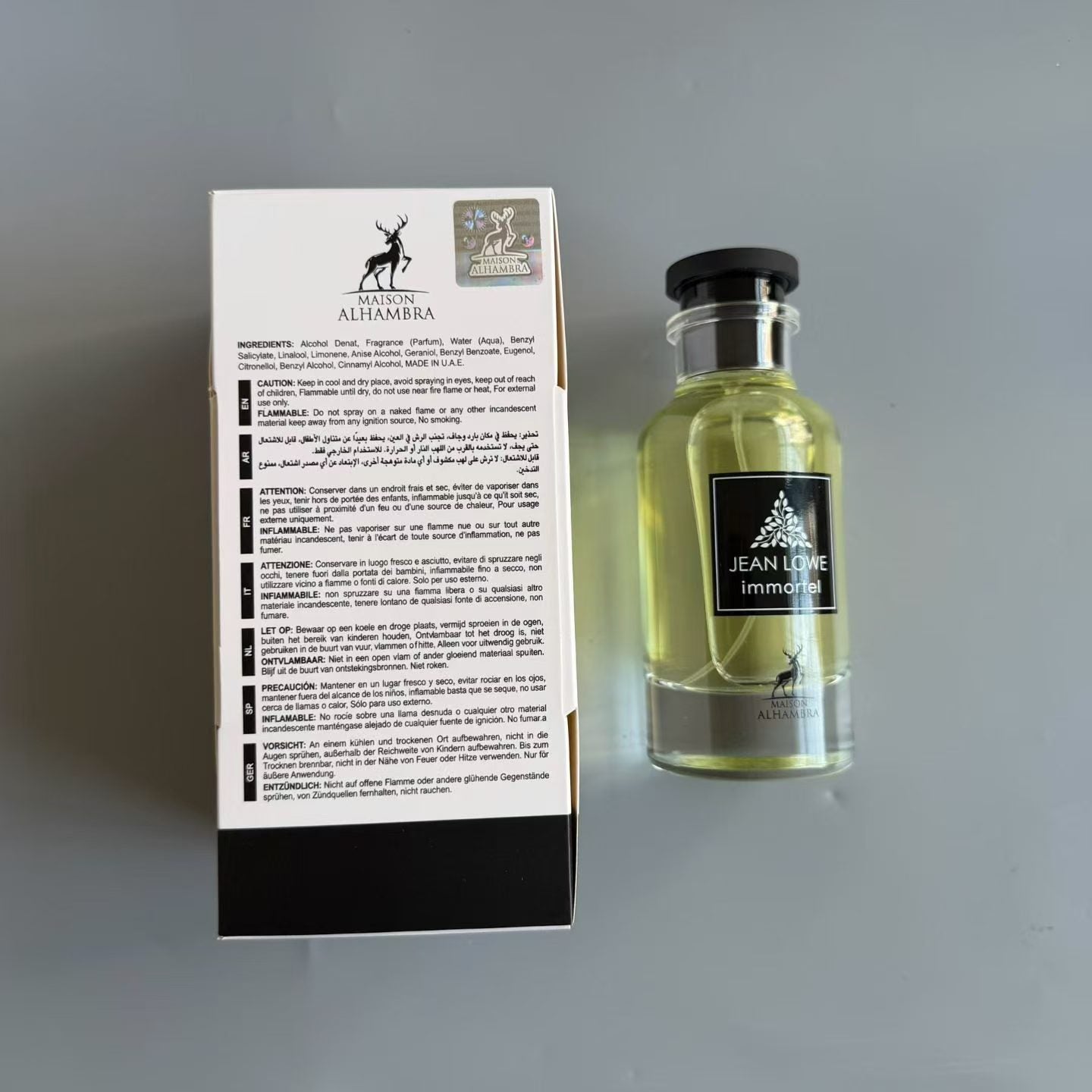 Maison Alhambra Jean Lowe Immortel 100 ml bouteille et dos de boîte