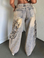 Jean wide leg femme délavé beige à imprimé tribal - vue arrière