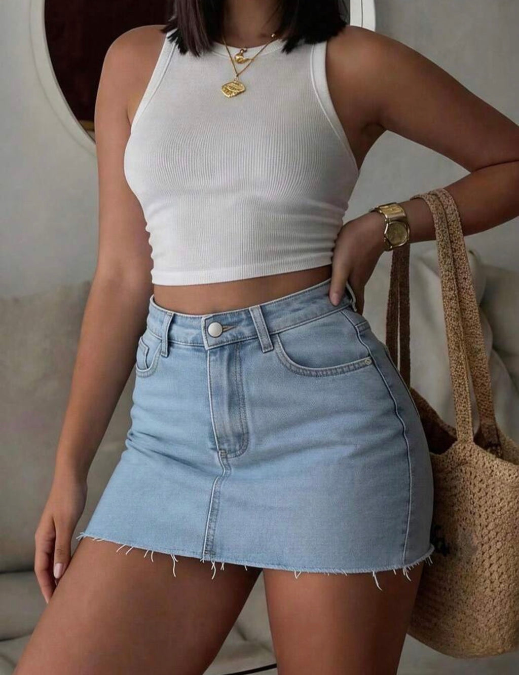 Jupe en jean taille haute bleu clair - deuxième vue face