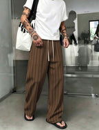 Pantalon large rayé marron coupe fluide