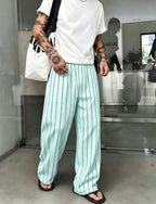 Pantalon large rayé vert d'eau coupe fluide