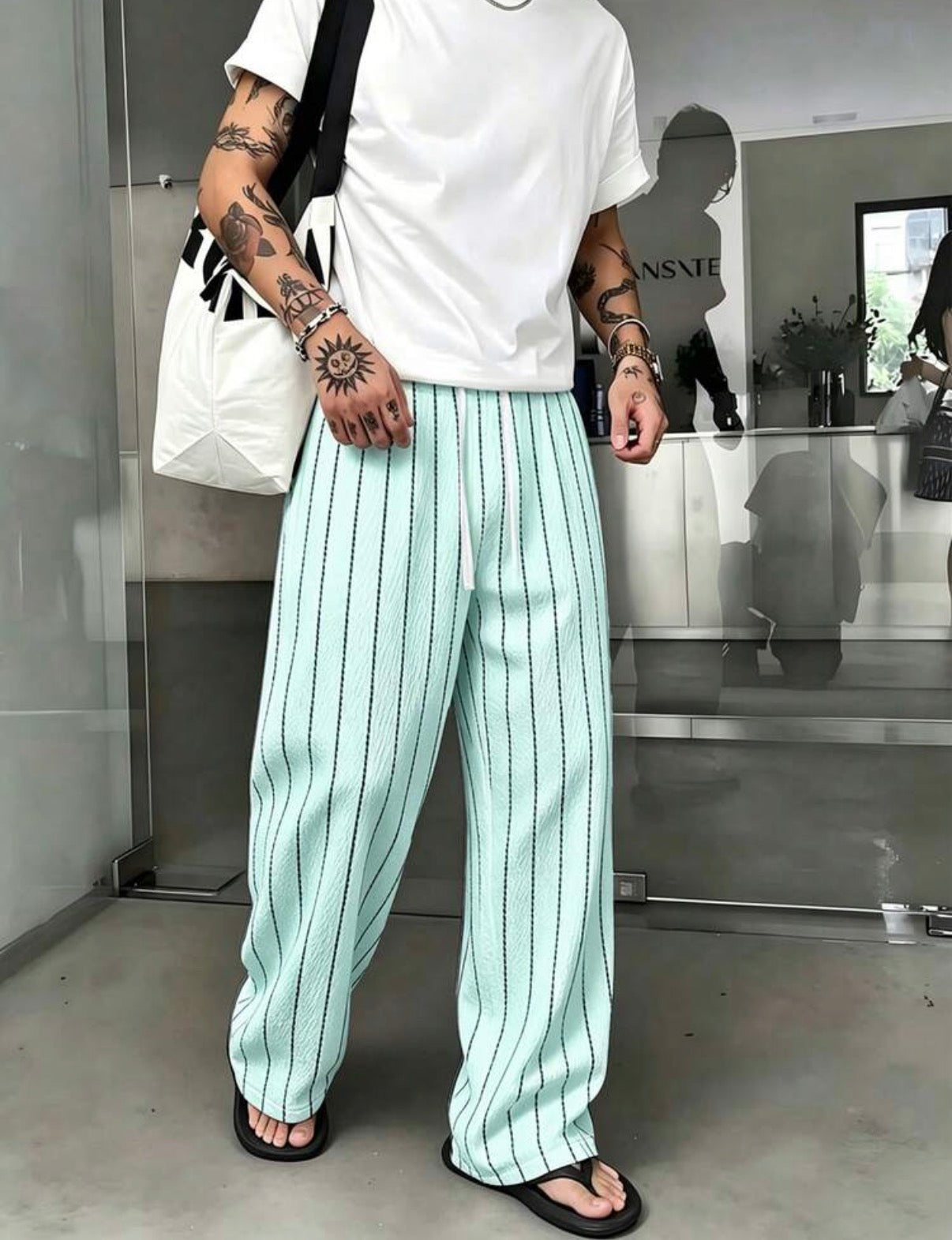 Pantalon large rayé vert d'eau coupe fluide