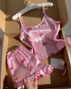 Ensemble pyjama satin rose rayé à motifs nœuds - vue 1