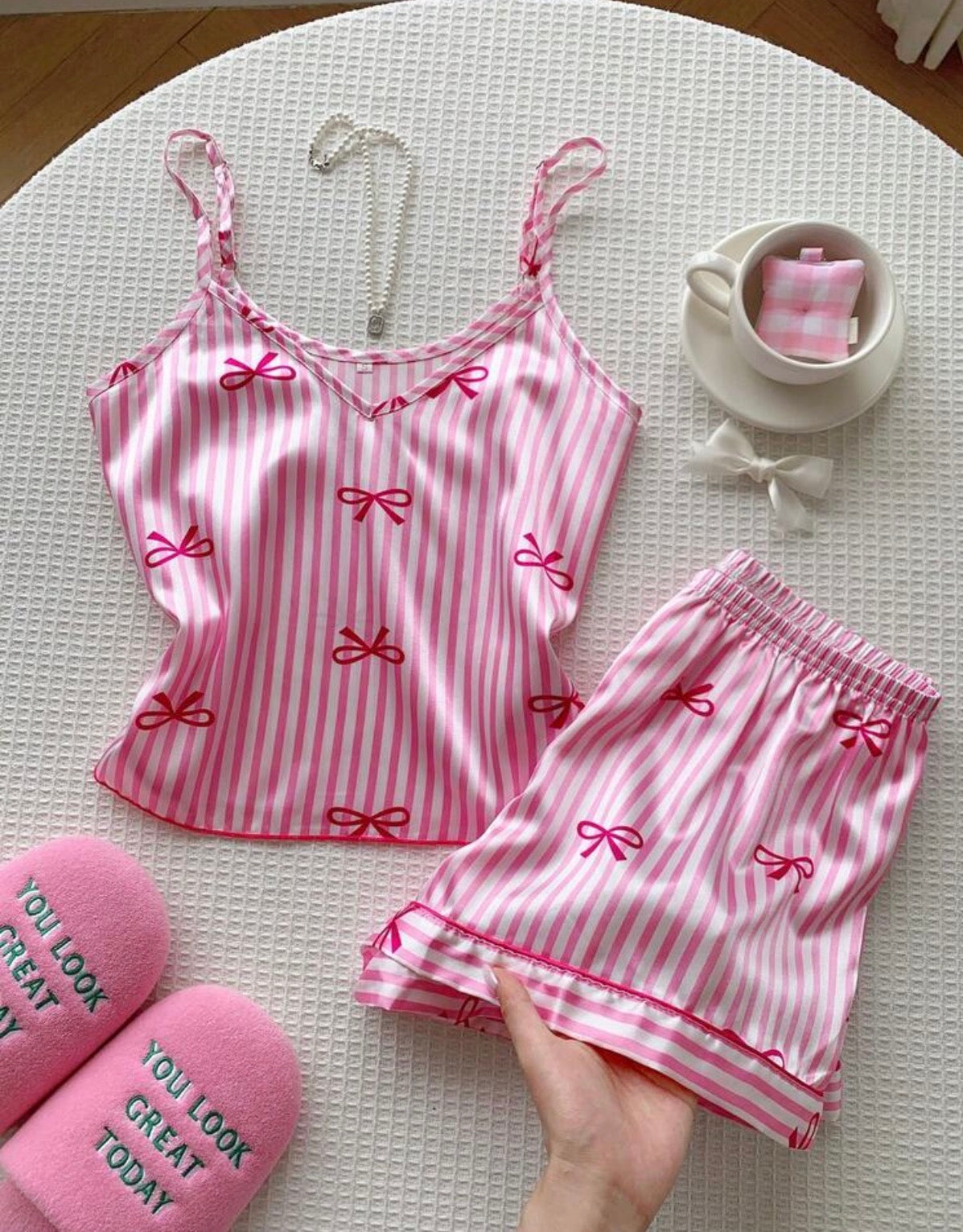 Ensemble pyjama satin rose rayé à motifs nœuds - vue 4