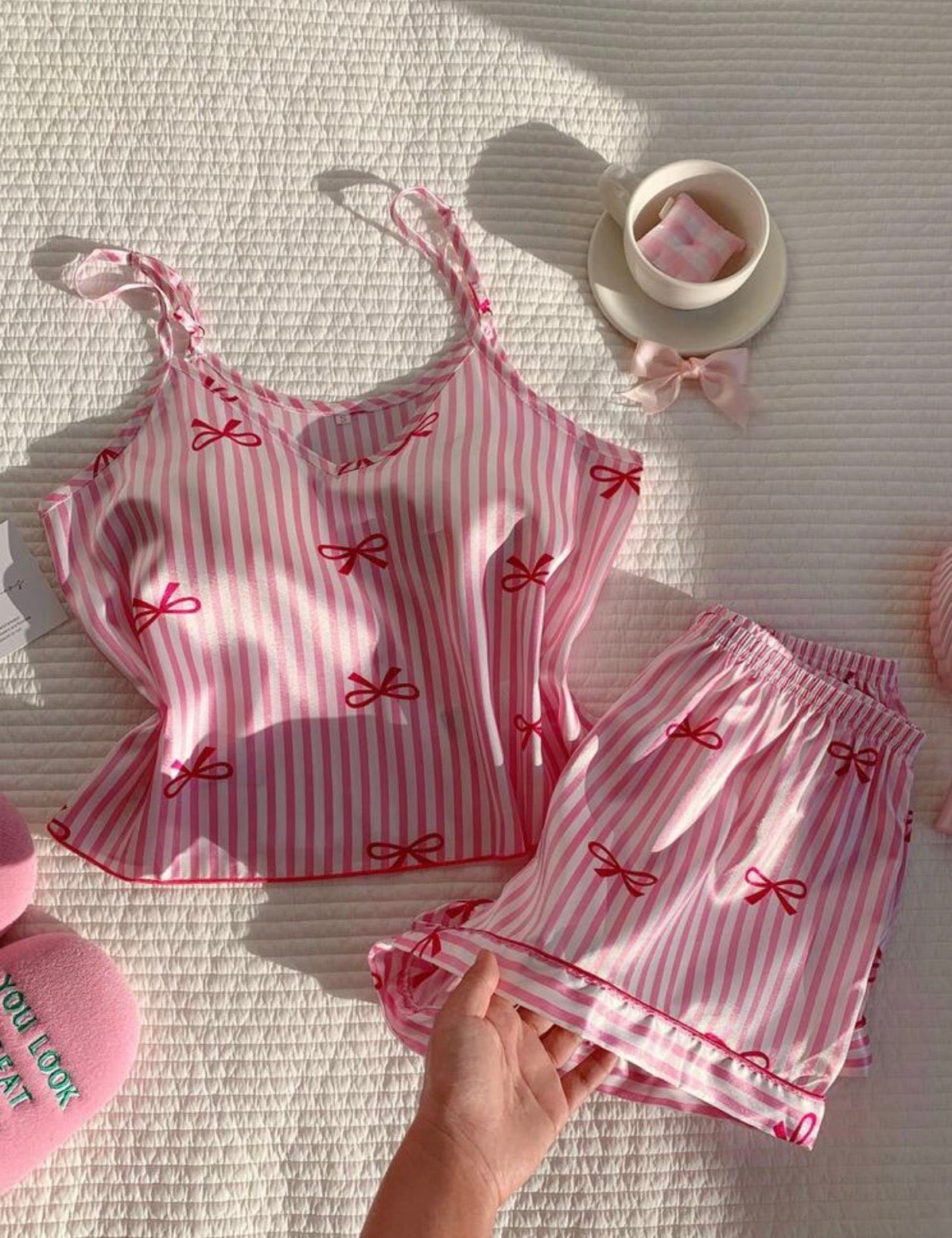 Ensemble pyjama satin rose rayé à motifs nœuds - vue 5