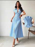 Robe chemise longue rayée bleu ciel avec laçage au dos