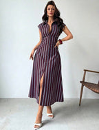 Robe chemise longue rayée bordeaux à laçage dos