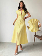 Robe chemise longue rayée jaune avec laçage au dos