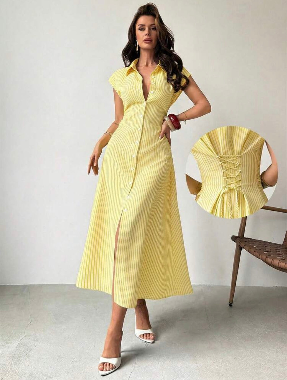 Robe chemise longue rayée jaune avec laçage au dos
