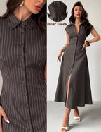 Robe chemise longue rayée marron avec détail du laçage arrière