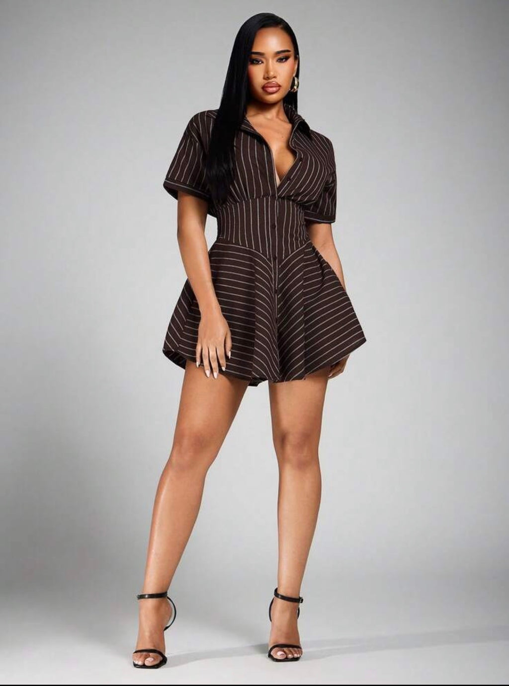 Robe chemise courte rayée marron femme - vue de face