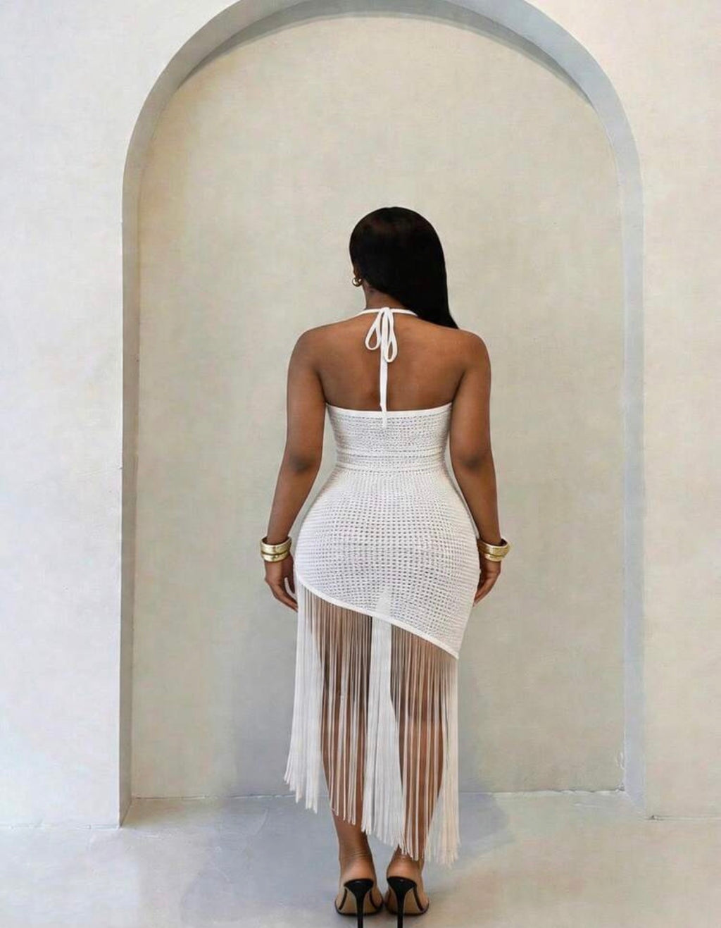 Robe midi asymétrique blanche à franges - vue de dos