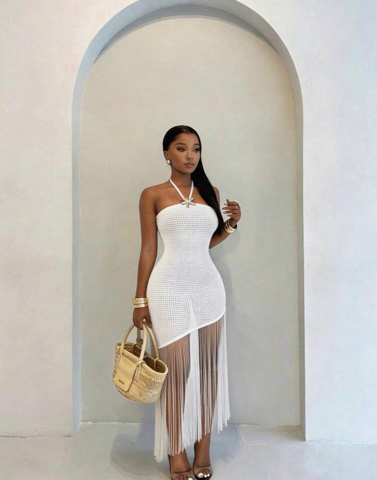 Robe midi asymétrique blanche à franges - vue de face