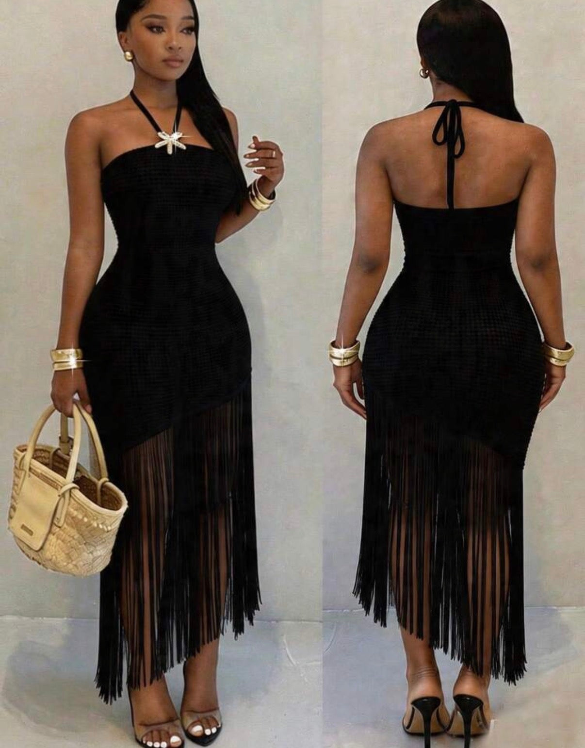 Robe midi asymétrique noire à franges - vues face et dos