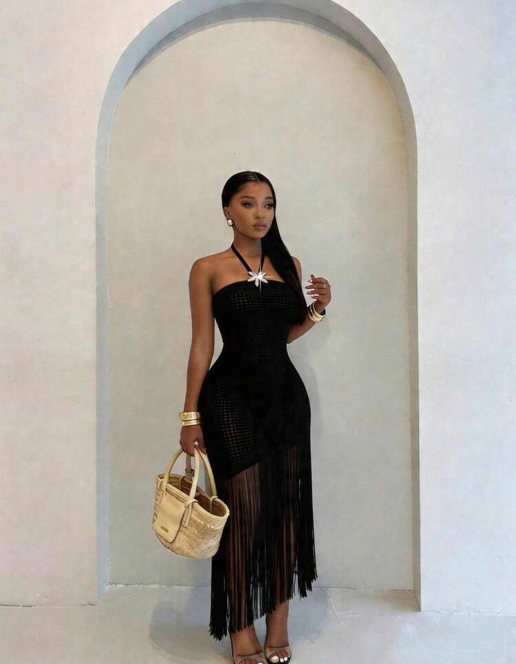 Robe midi asymétrique noire à franges - vue de face