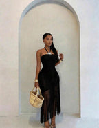 Robe midi asymétrique noire à franges - vue de face