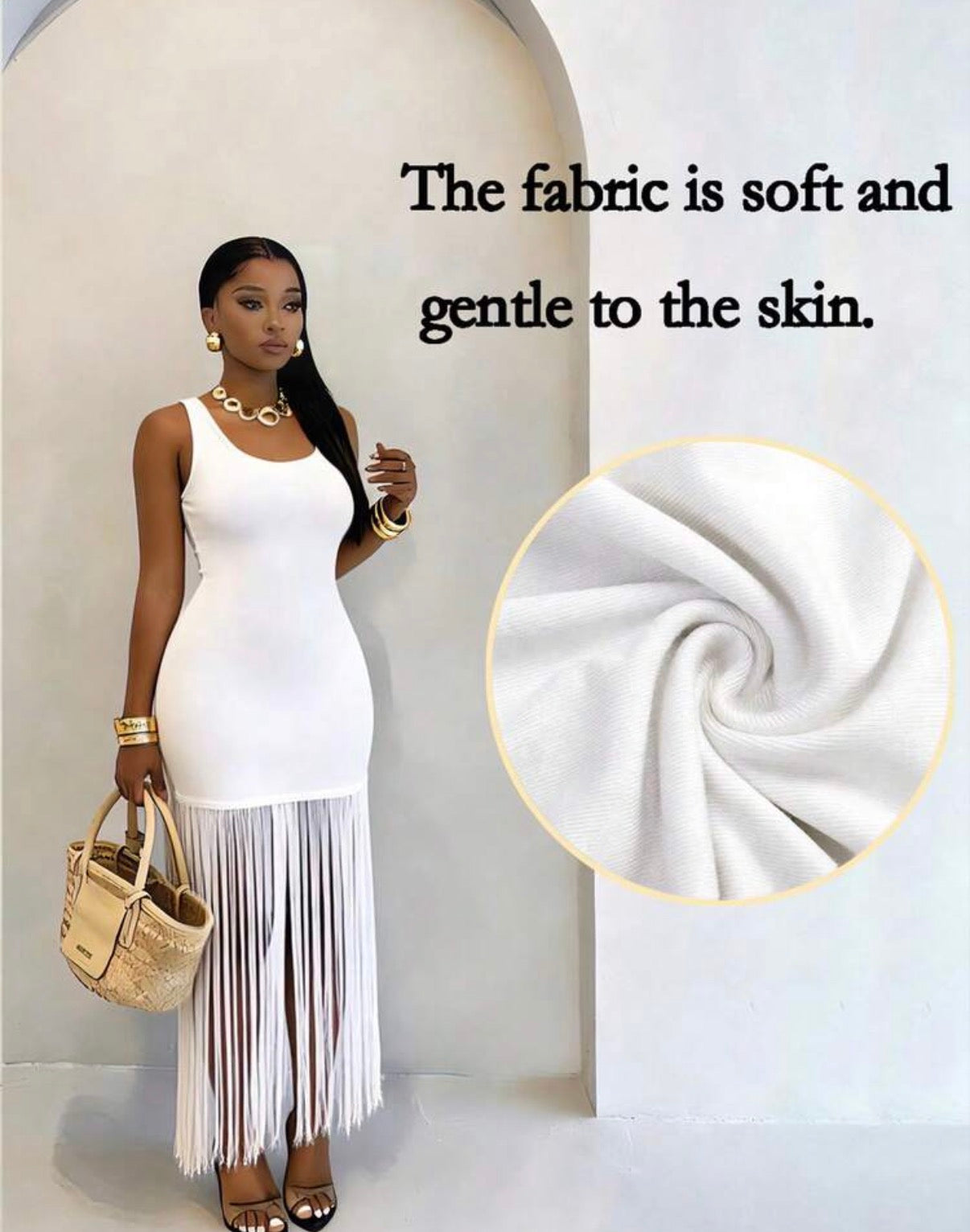 Robe longue blanche à franges - détail du tissu doux