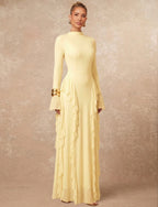 Robe longue jaune pâle à volants - vue trois-quarts