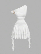 Robe mini asymétrique blanche à volants – vue produit