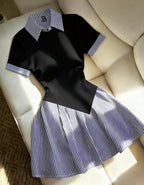 Robe polo plissée noire et bleu rayé - vue de face