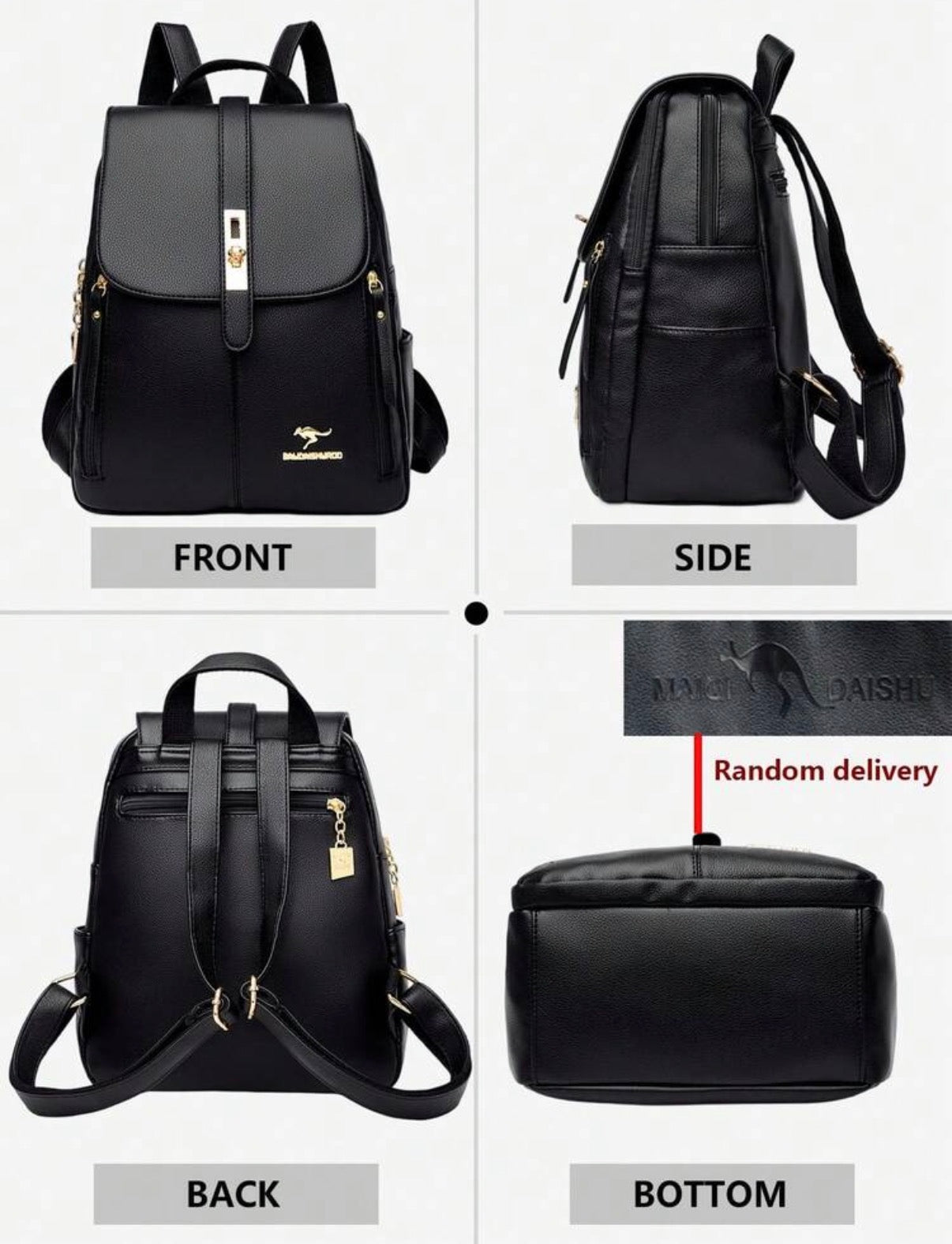 Vues avant, côté, arrière et dessous du sac à dos noir