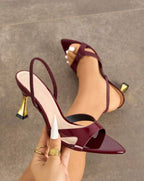 Sandales à talons femme bordeaux verni avec talon doré