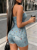 Top bustier effet denim imprimé avec strass multicolores vue dos