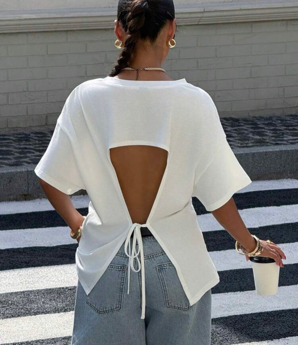 T-shirt blanc oversize dos ouvert femme - vue arrière