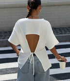 T-shirt blanc oversize dos ouvert femme - vue arrière