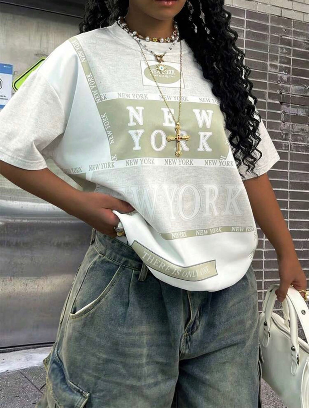T-shirt oversize New York beige et kaki - FatmeyShop