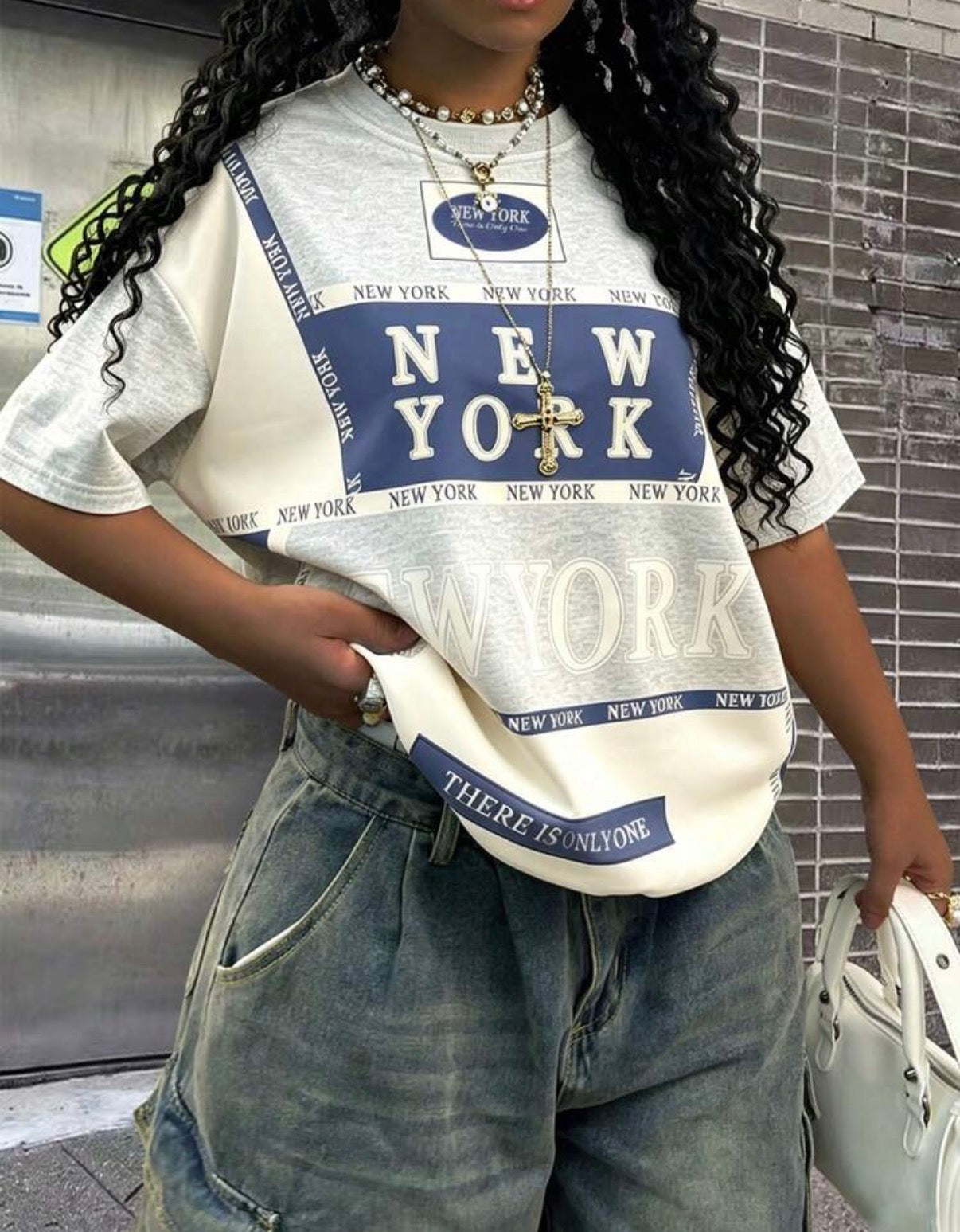 T-shirt oversize New York bleu marine et crème - FatmeyShop